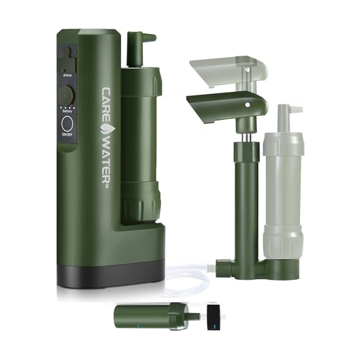CaredWater Electric Portable Water Filter Purifier Survival for Camping Backpacking Hiking Travel, Water Filtration System Survival Gear with Backup Option and Emergency Phone Charger