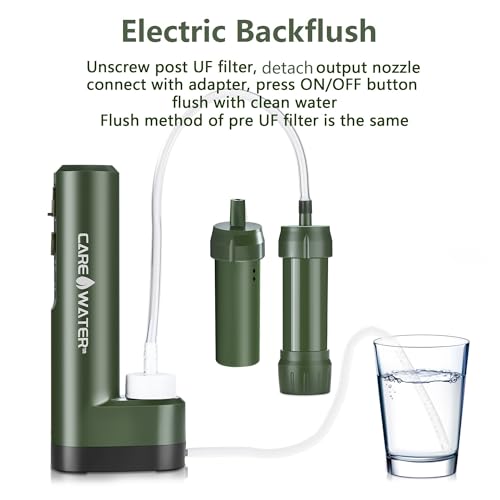 CaredWater Electric Portable Water Filter Purifier Survival for Camping Backpacking Hiking Travel, Water Filtration System Survival Gear with Backup Option and Emergency Phone Charger