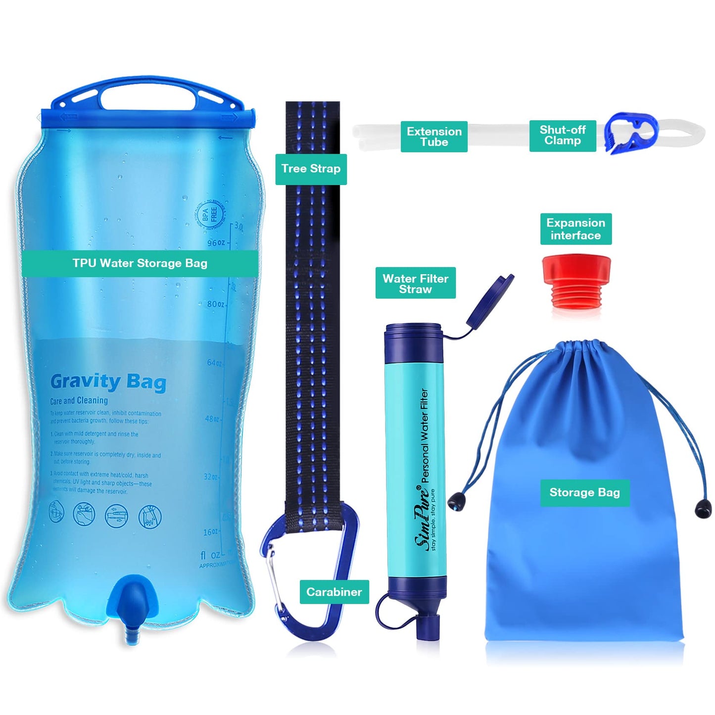 SimPure Gravity Water Filter, Portable Gravity-Fed Water Purifier with 3L Gravity Bag, Tree Strap, BPA Free Survival Gear and Equipment for Camping Hiking Emergency Preparedness